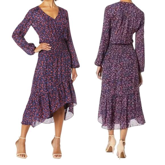 Parker Dresses & Skirts - Parker Elizabeth Floral Long Sleeve Midi Dress Silk Blend Blouson Faux Wrap L
